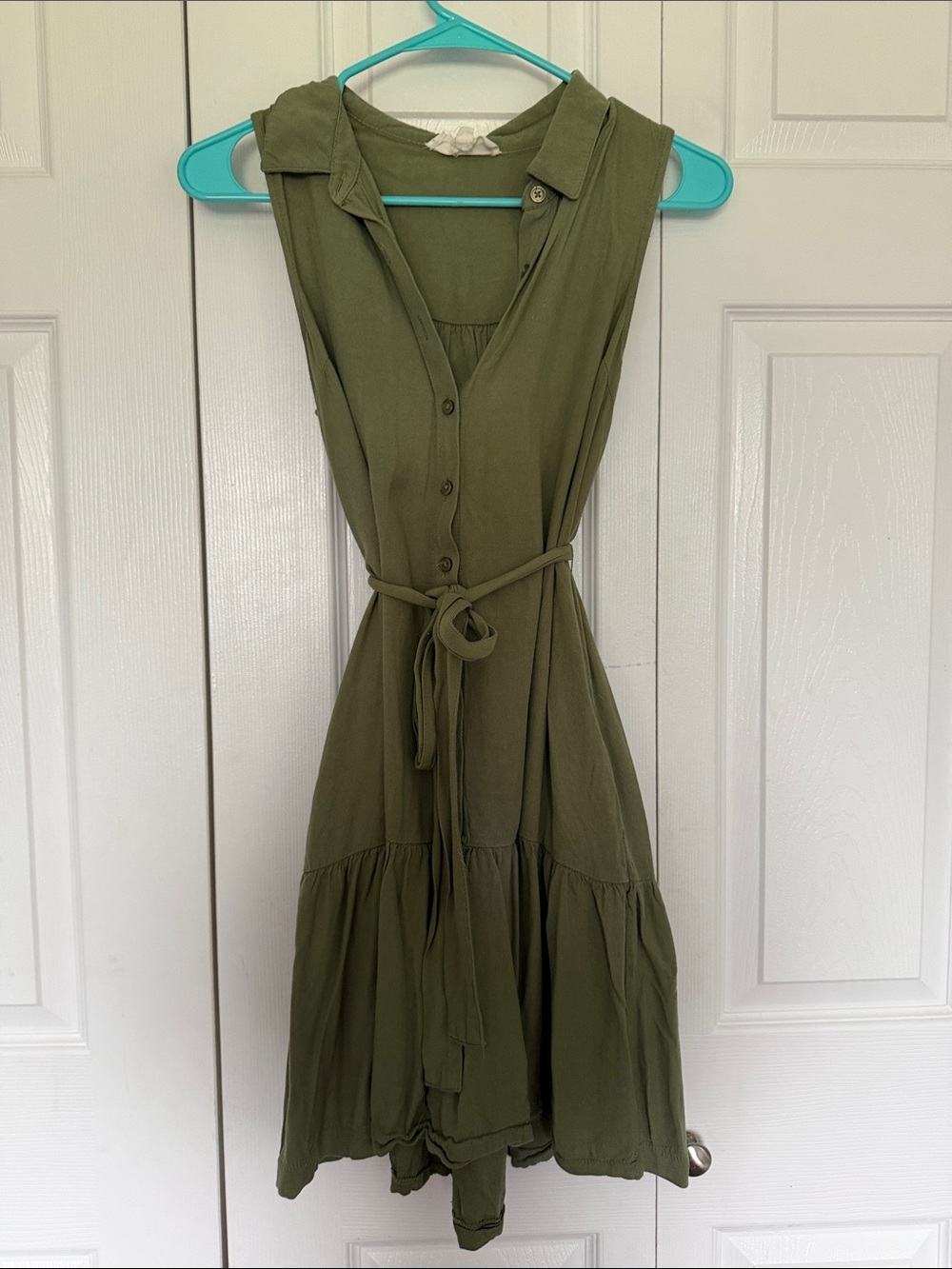 Lucky Brand Olive Sleeveless Button-Front Midi Dress with Tie
